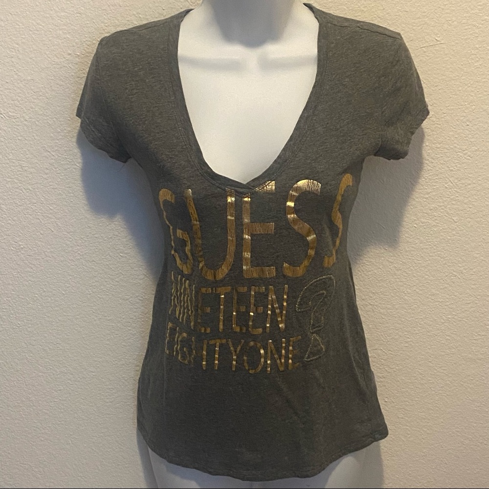GUESS Gray V-Neck Tee W/Gold Lettering Size  XS